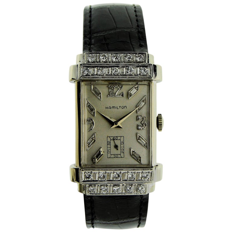 Hamilton White Gold Diamond Art Deco Top Hat Tank Style Watch at
