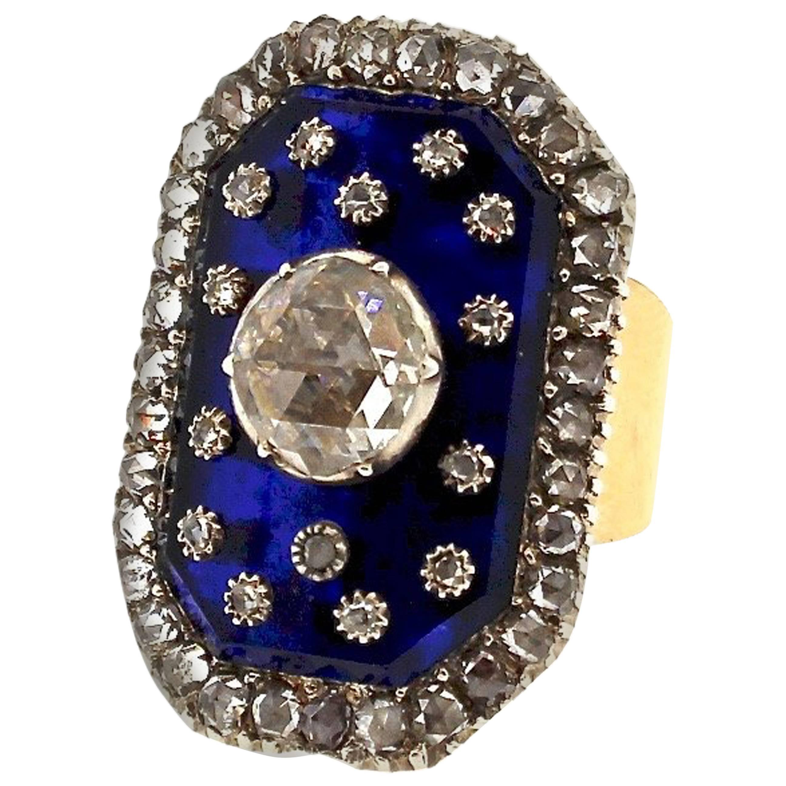 Antique Victorian Rose Cut Diamond Blue Glass Panel Gold Ring