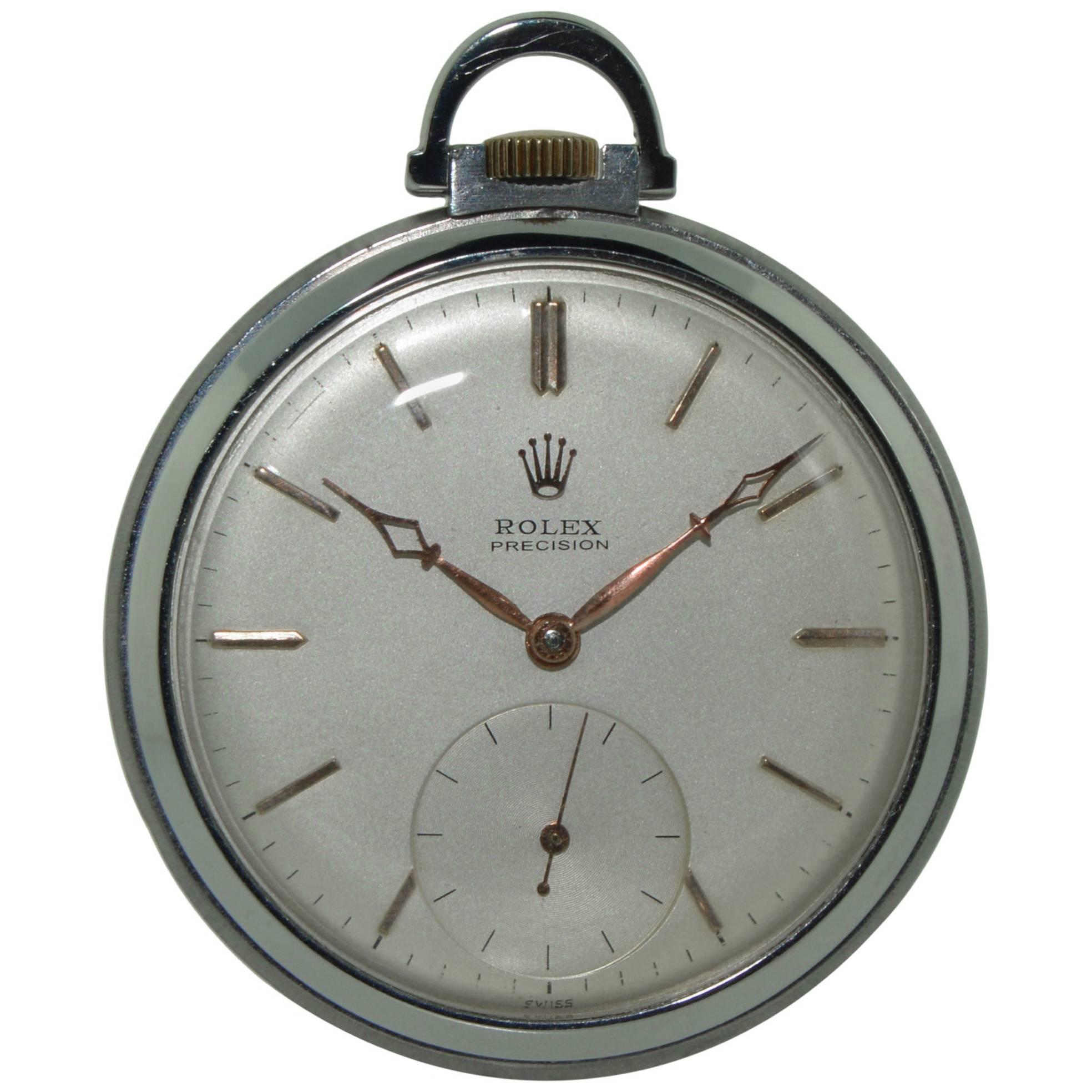 Rolex Stainless Steel High Grade Open Faced Manual Pocket Watch with Chain