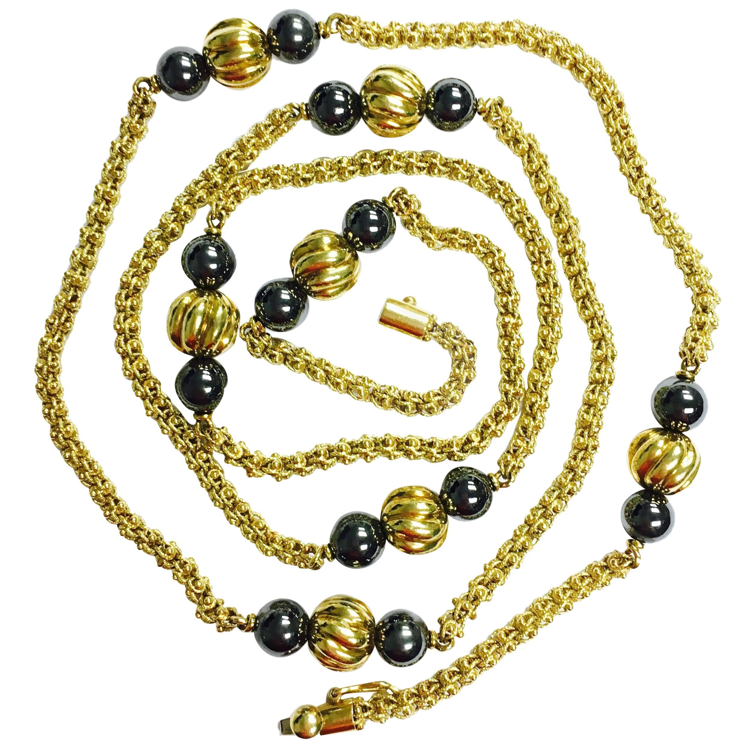 Vintage Hematite and Yellow Gold Beaded Long Chain Necklace