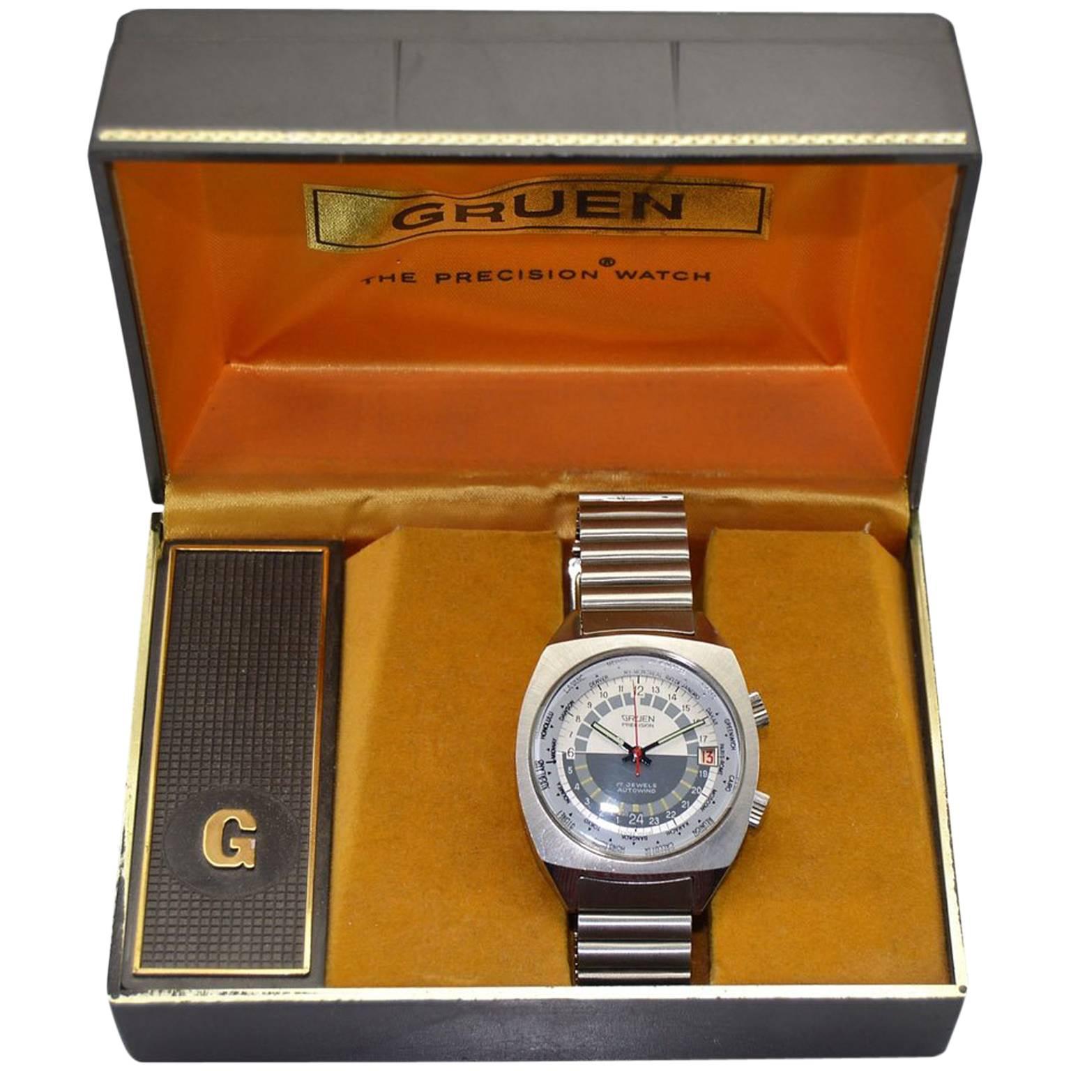 Gruen Stainless Steel New Old Stock World Time Watch, 1960s