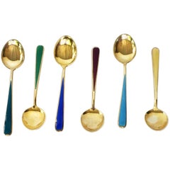 Vintage Multi-Color Enameled Norwegian Yellow Gold Plated Sterling Silver Spoon Set