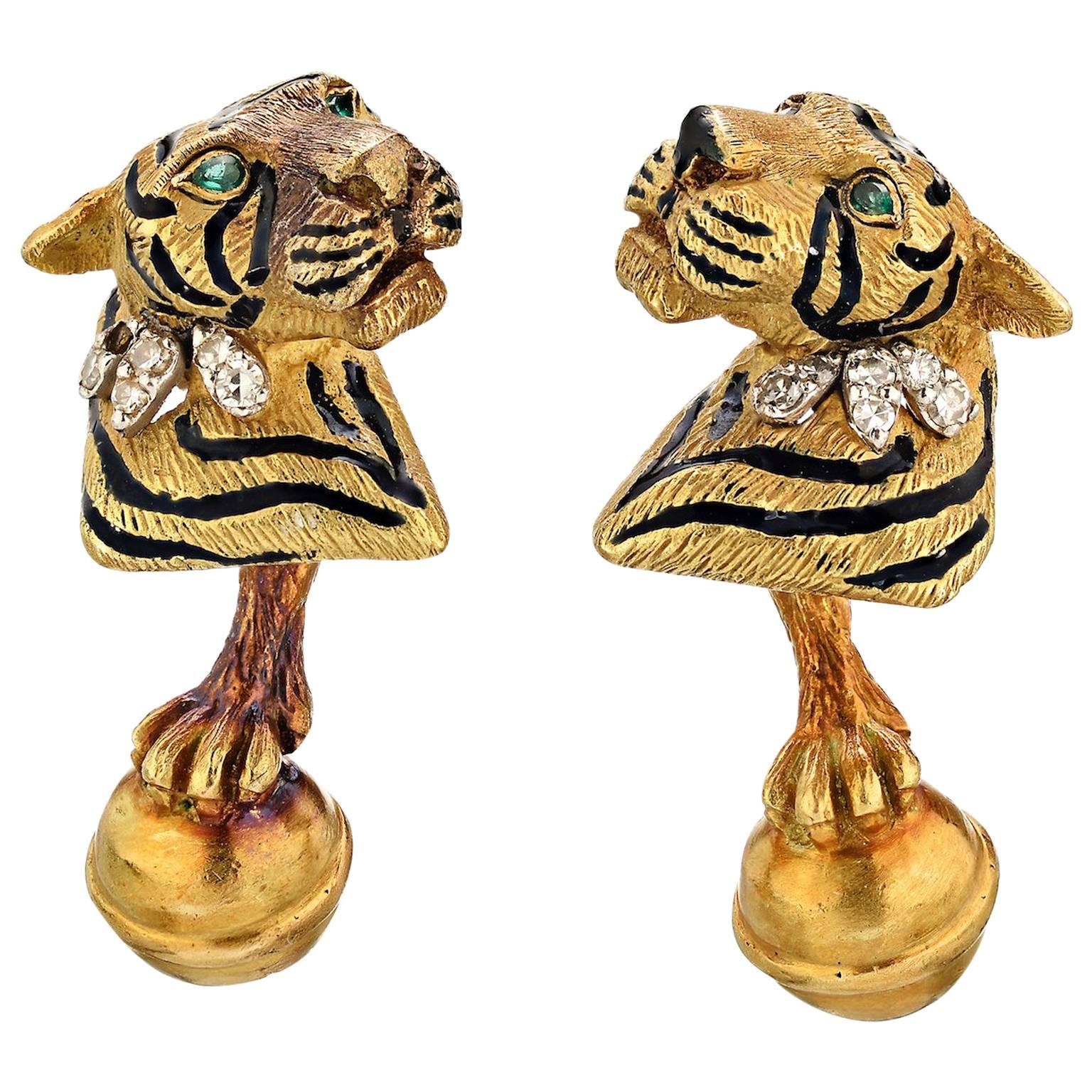 Tiffany & Co. Diamond, Enamel Gold Tiger Cufflinks