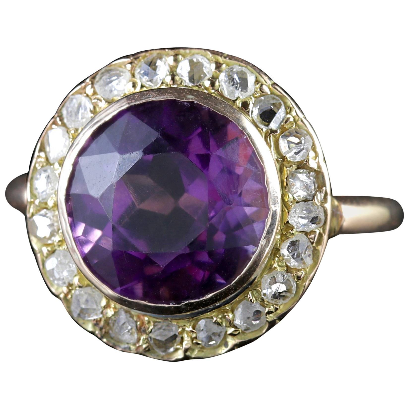 Antique Victorian Amethyst Diamond Cluster Ring 18 Carat Gold For Sale