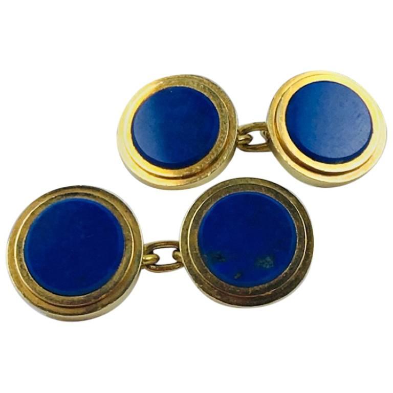 Carlo Weingrill Lapis Lazuli Yellow Gold Round Cufflinks For Sale