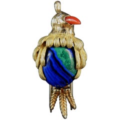 Vintage French "Parrot" Brooch in Gold, Diamonds, Coral, Azurmalachite, 1970s