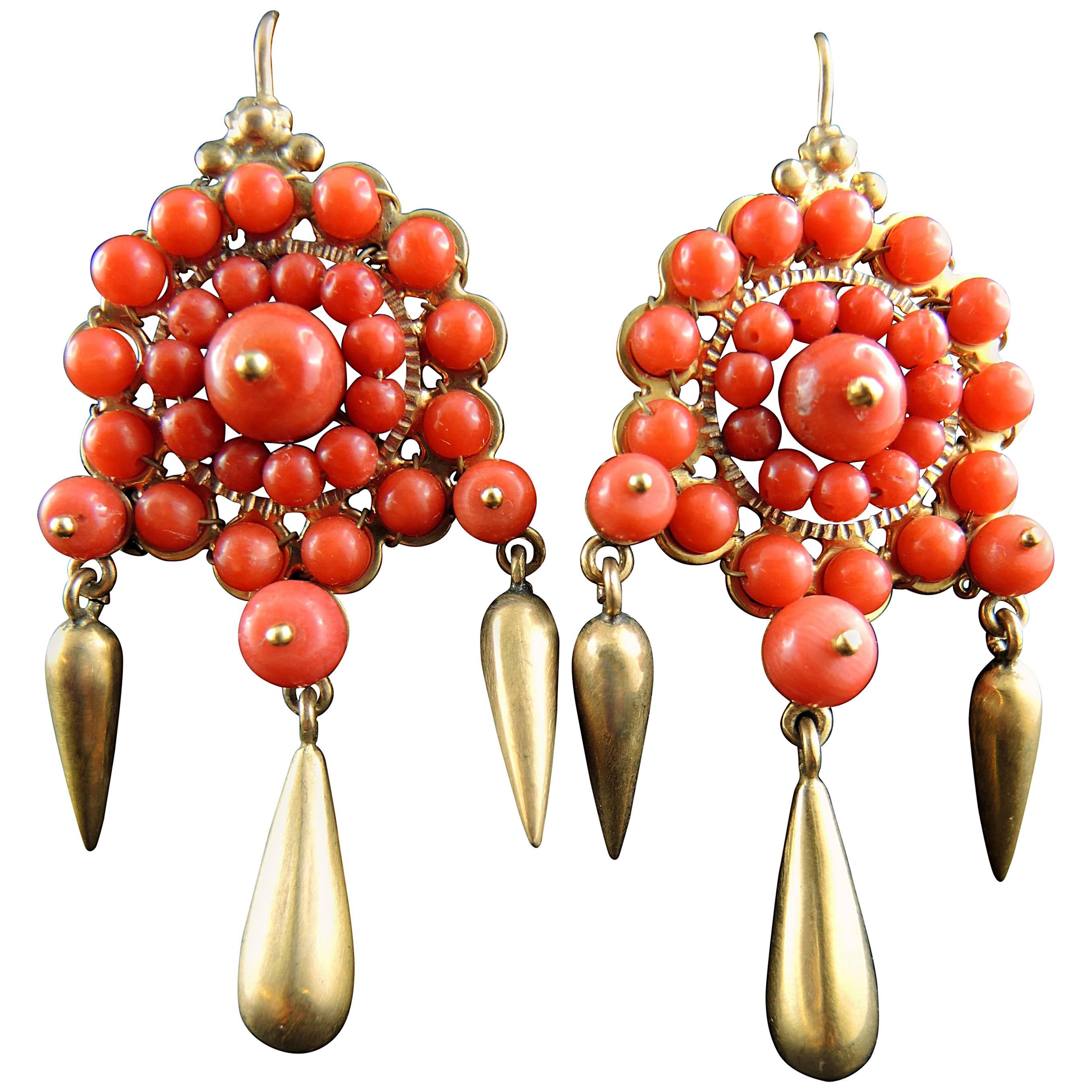 Italian Chandelier Earrings with Coral, circa 1900