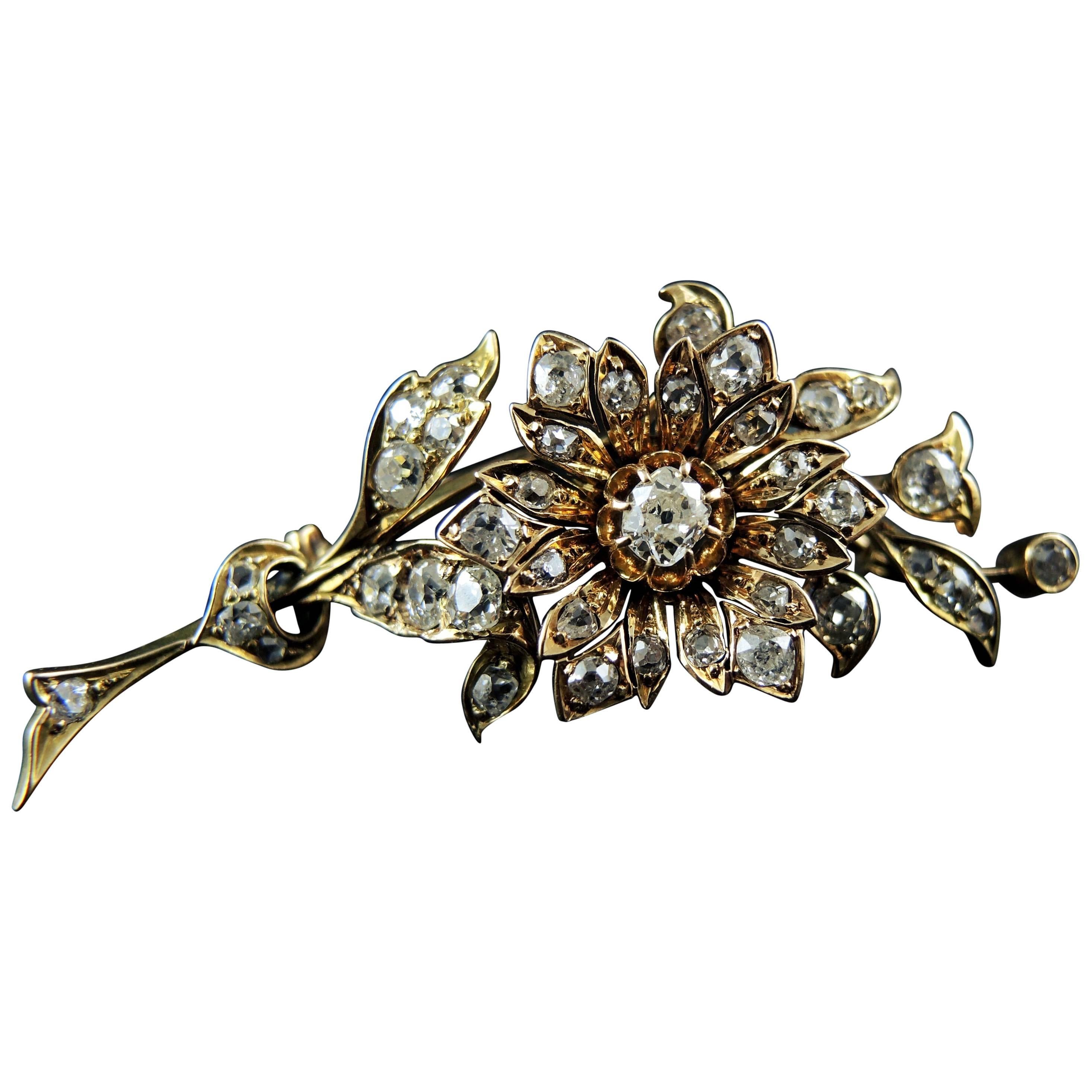 Napoleon III Era Flower Brooch Set With Diamonds 2.40 Carat For Sale