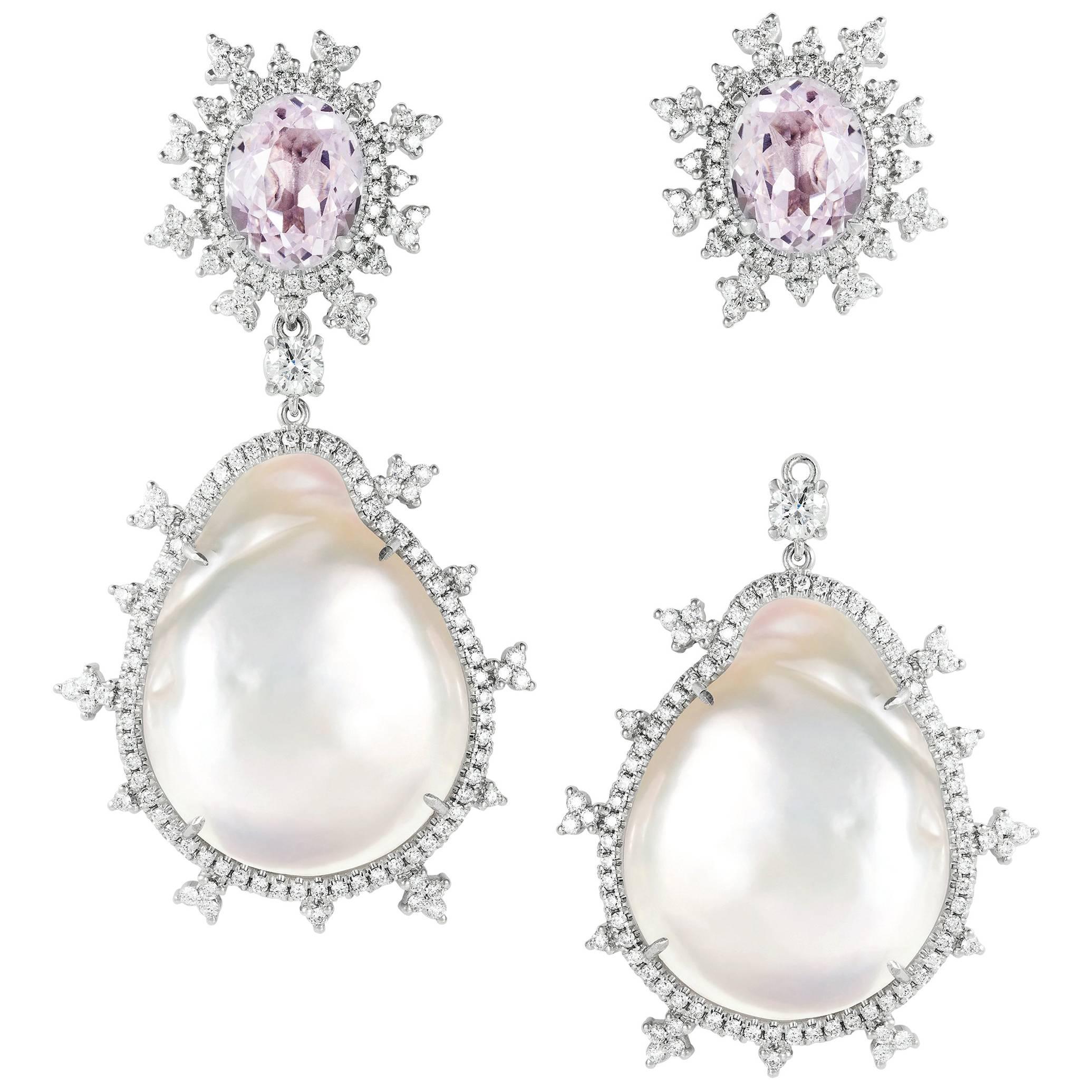 Nadine Aysoy 18 Karat Gold Morganite Baroque Pearl Detachable Diamond Earrings For Sale