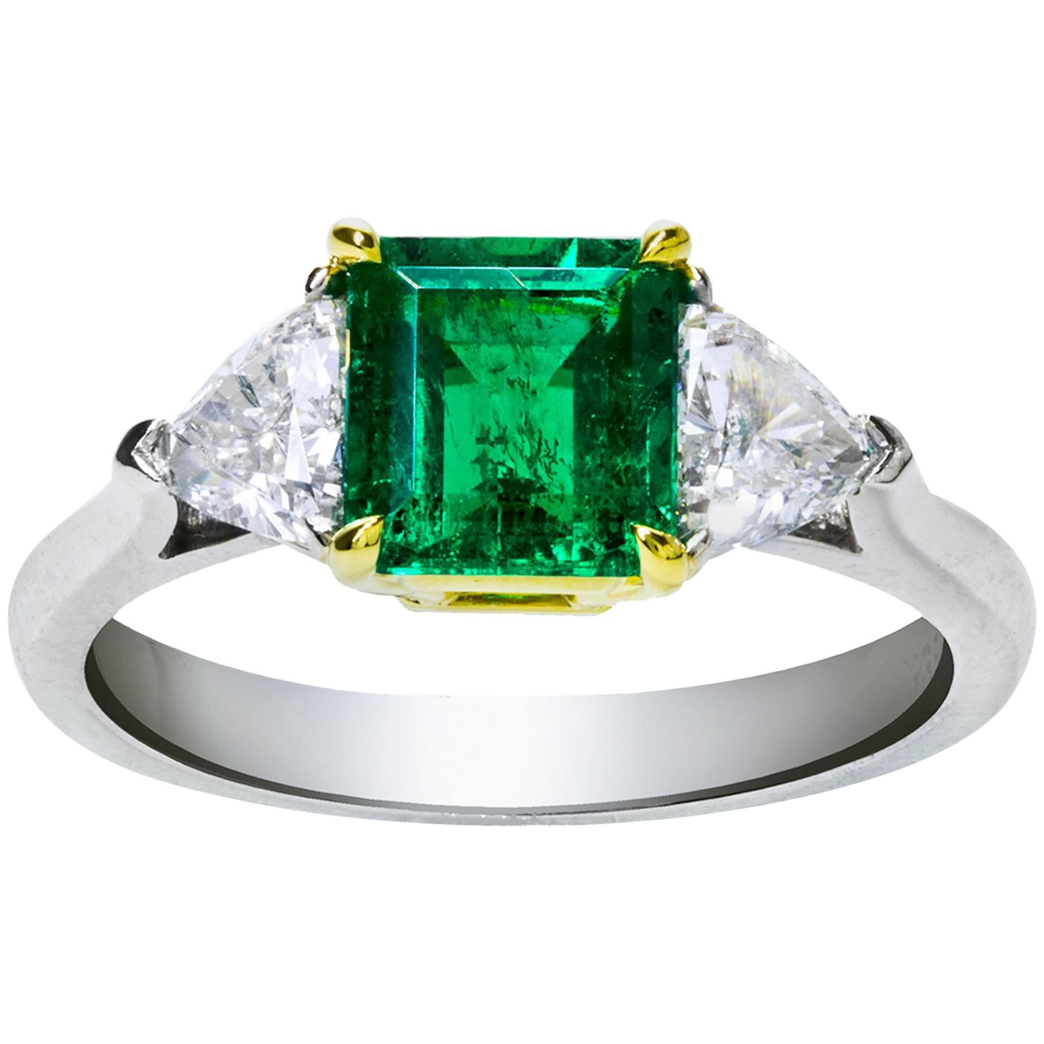 Green Emerald Diamond Three-Stone Ring