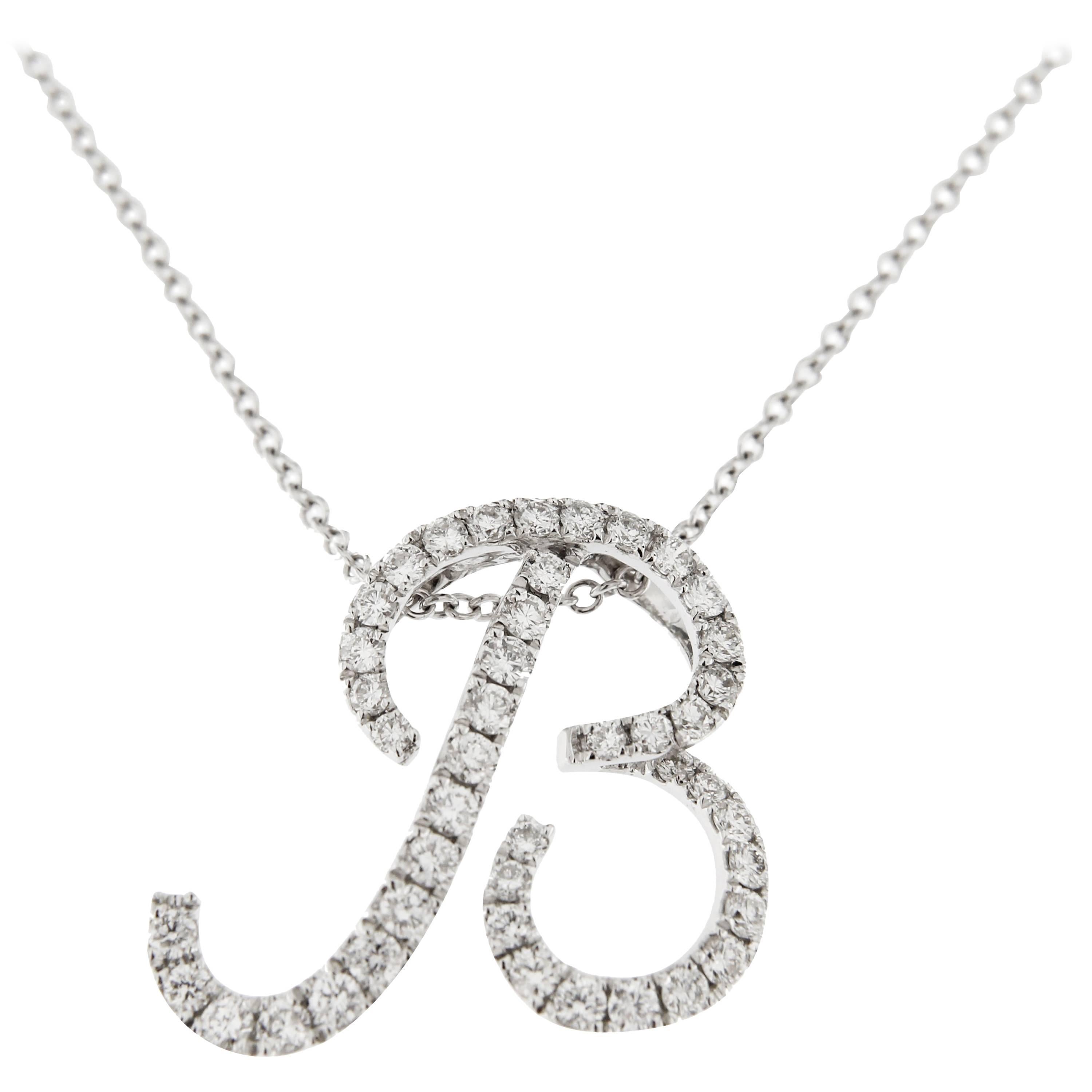 Jona White Diamond 18 Karat White Gold B Letter Pendant Necklace