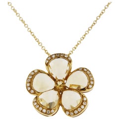 Jona Citrine White Diamond 18 Karat yellow Gold Flower Pendant Necklace