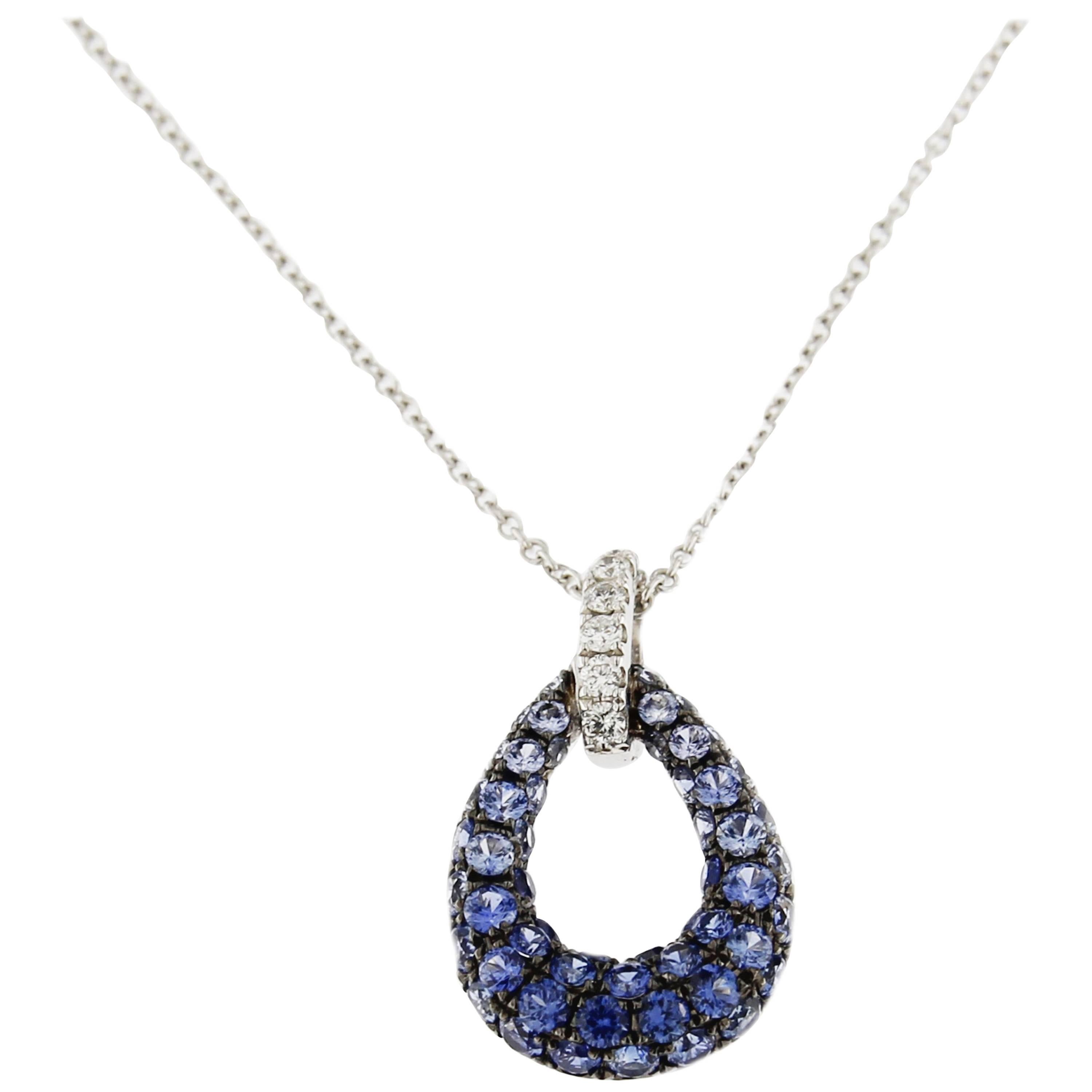 Jona White Diamond Blue Sapphire 18 Karat White Gold Drop Pendant Necklace