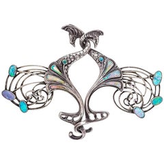 Georges Fouquet Art Nouveau Opal and Silver Peacock Cloak Clasp