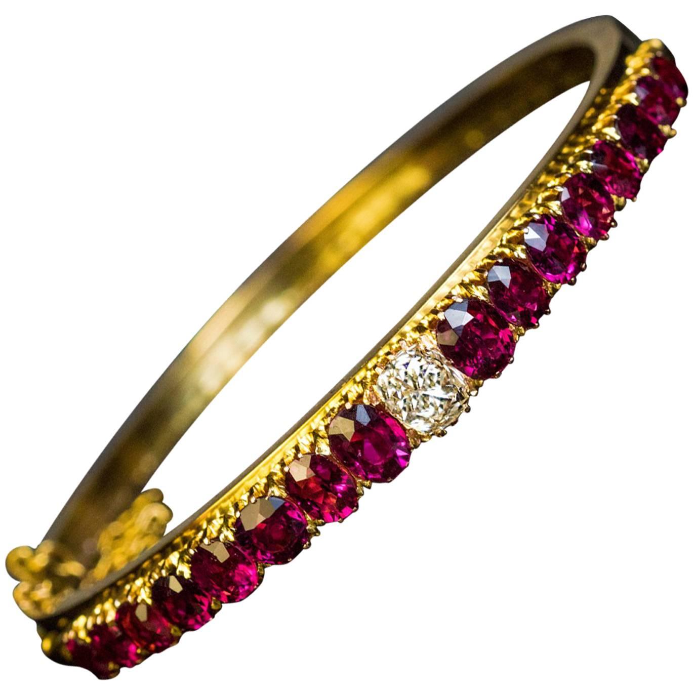Antique Victorian Era Ruby Diamond Gold Bangle Bracelet For Sale