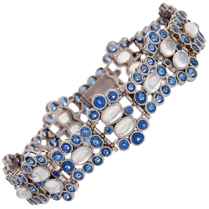 Tiffany & Co. Art Deco Moonstone, Montana Sapphire and Platinum Bracelet