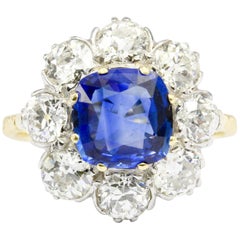 3 Carat Natural Sapphire 3.2 Carat Old Euro Diamond Flower Ring