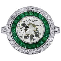 2.08 Carat Old European Cut Diamond and Emerald Halo Ring