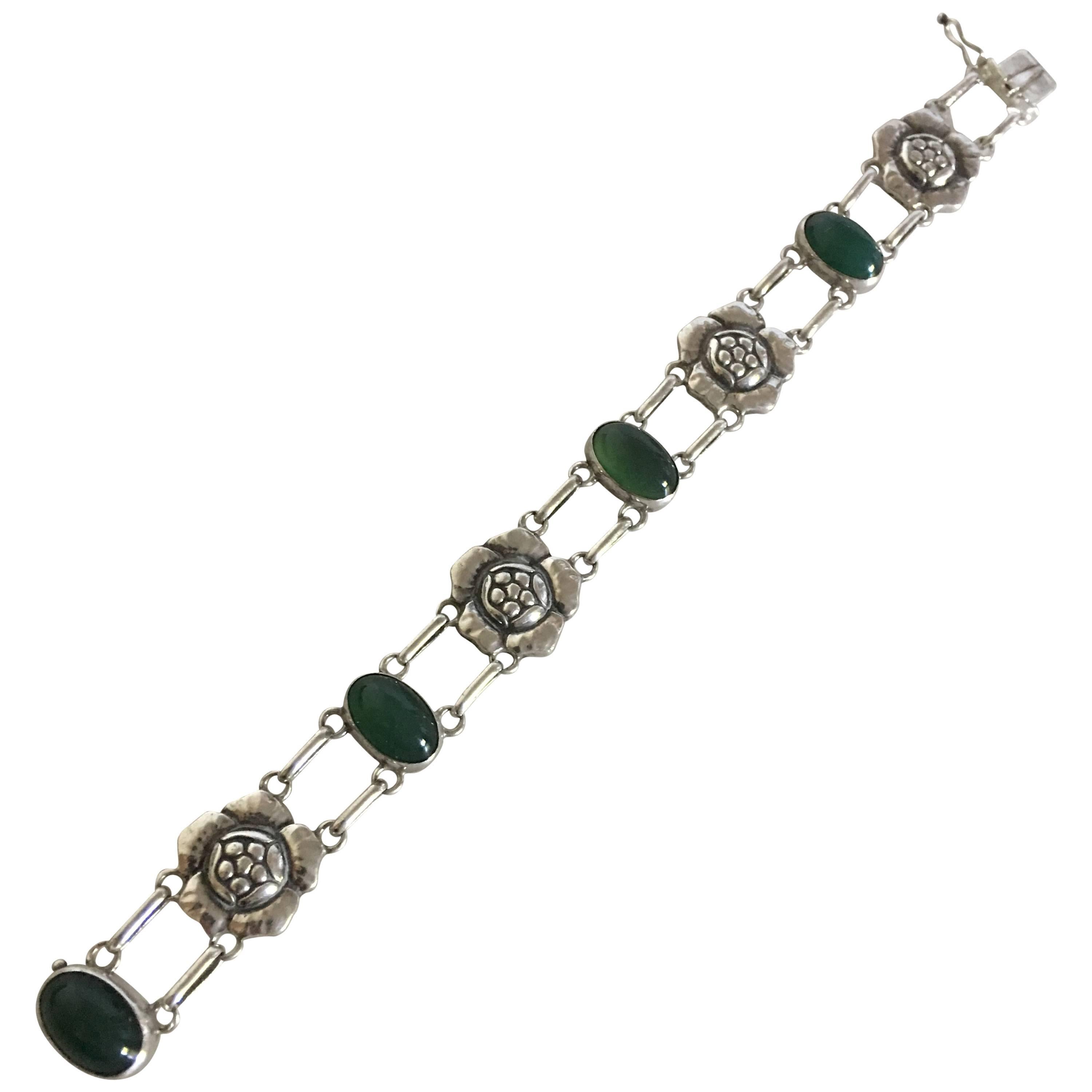 Georg Jensen Silver Bracelet No. 12 with Green Agates For Sale