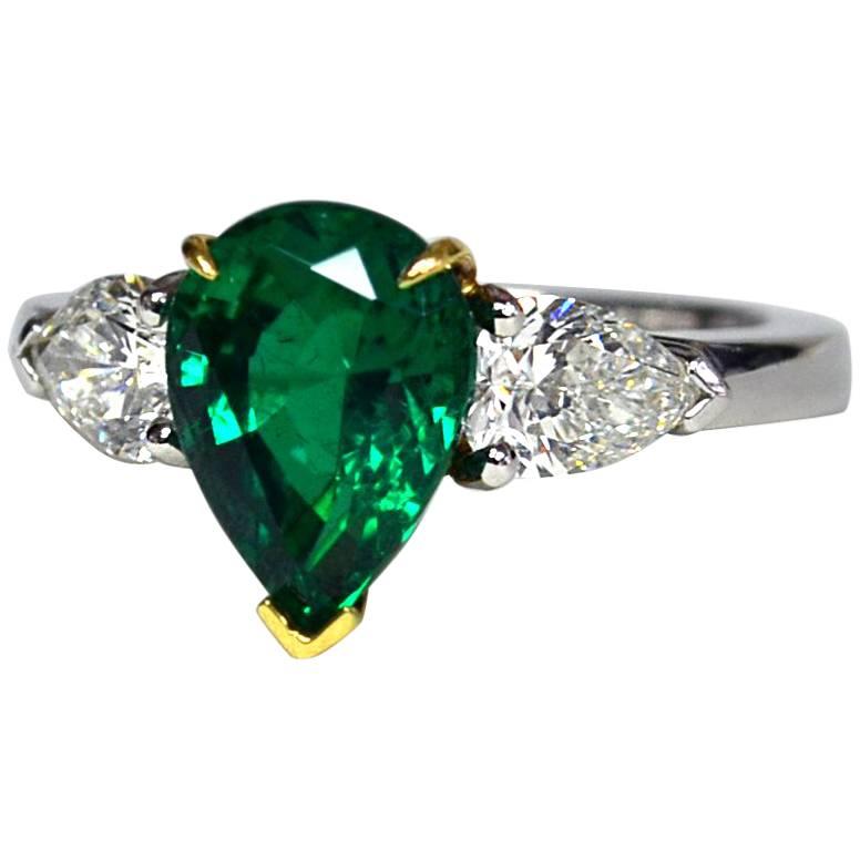 Pear Colombian Emerald Diamond Platinum Three-Stone Ring For Sale
