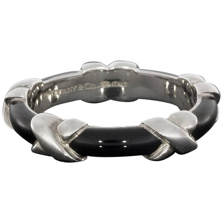 Tiffany and Co. Sterling Silver Signature X Black Enamel Ring at 