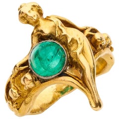 Yellow Gold Platinum Emerald Art Nouveau Ring