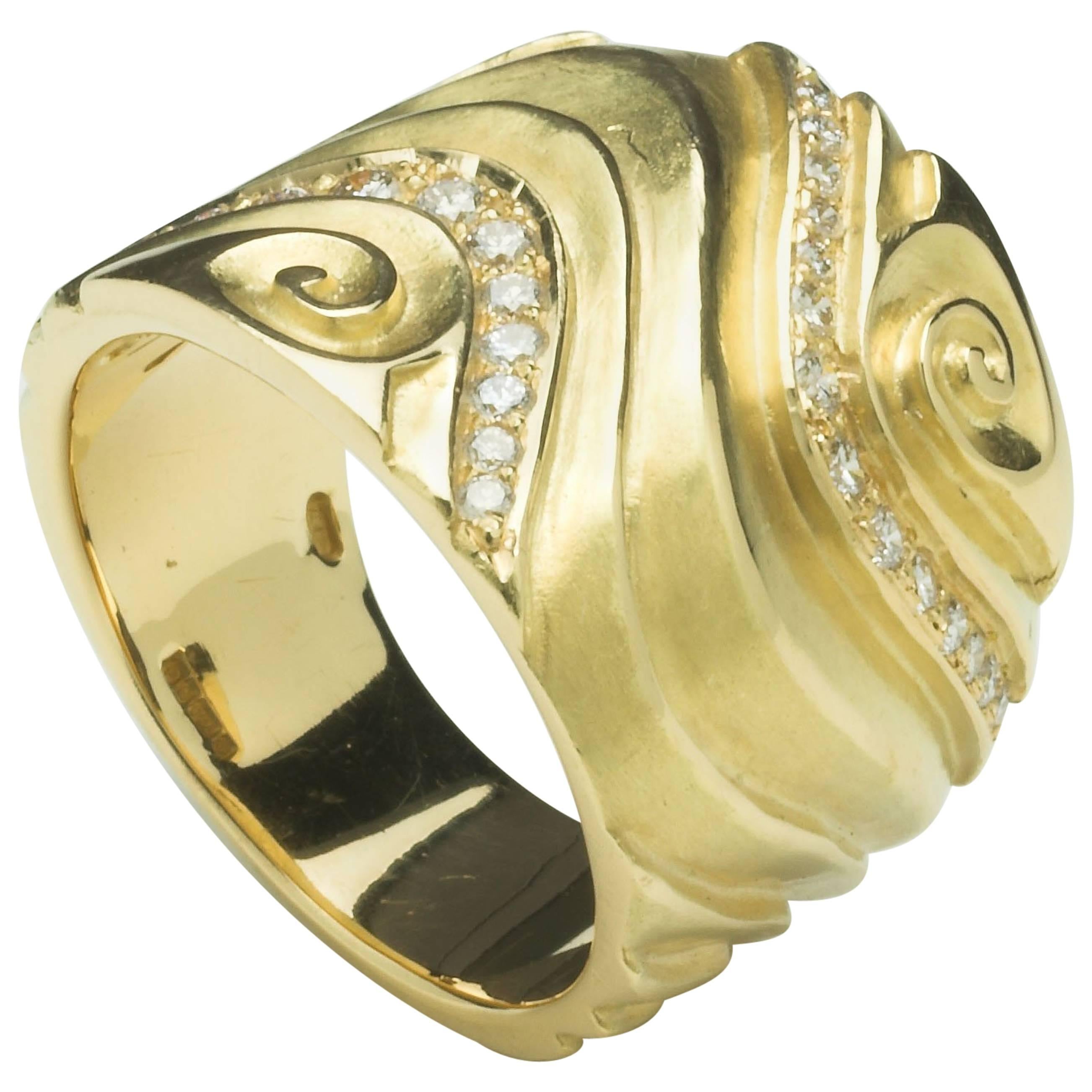 Annabel Eley White Diamond 18 Karat Yellow Gold Band Cocktail Ring For Sale
