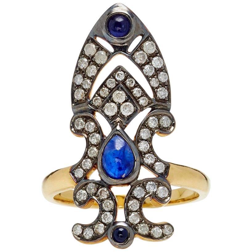 Yvonne Leon 18 Karat Gold Ring Crown Blue Sapphire Diamonds