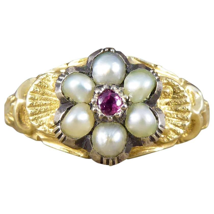 Antique Ruby and Pearl Flower Cluster Ring in 15 Carat Gold