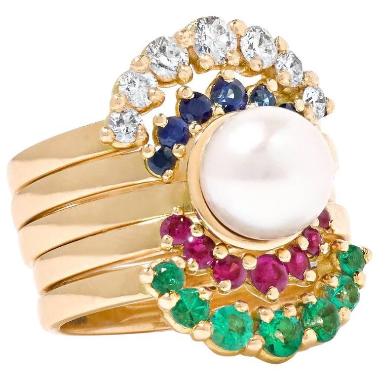 Yvonne Leon 18k Gold Rings with Diamonds, Sapphire, Ruby, Emerald, Pearl Akoya For Sale