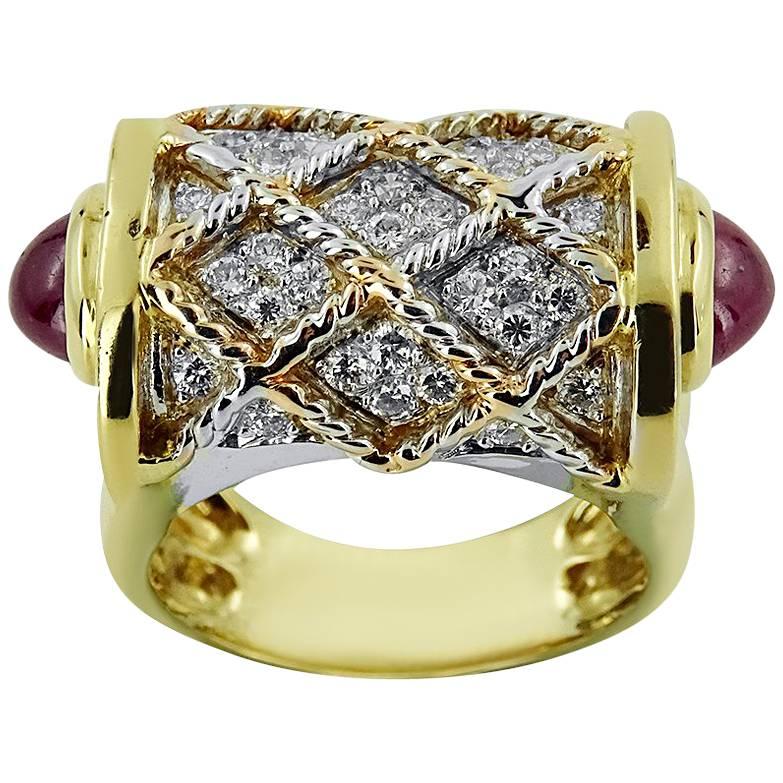Yellow and White Gold with 0.75 ct Diamonds and Cabochon 1.90 ct Rubies Ring For Sale