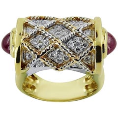 Yellow and White Gold with 0.75 ct Diamonds and Cabochon 1.90 ct Rubies Ring