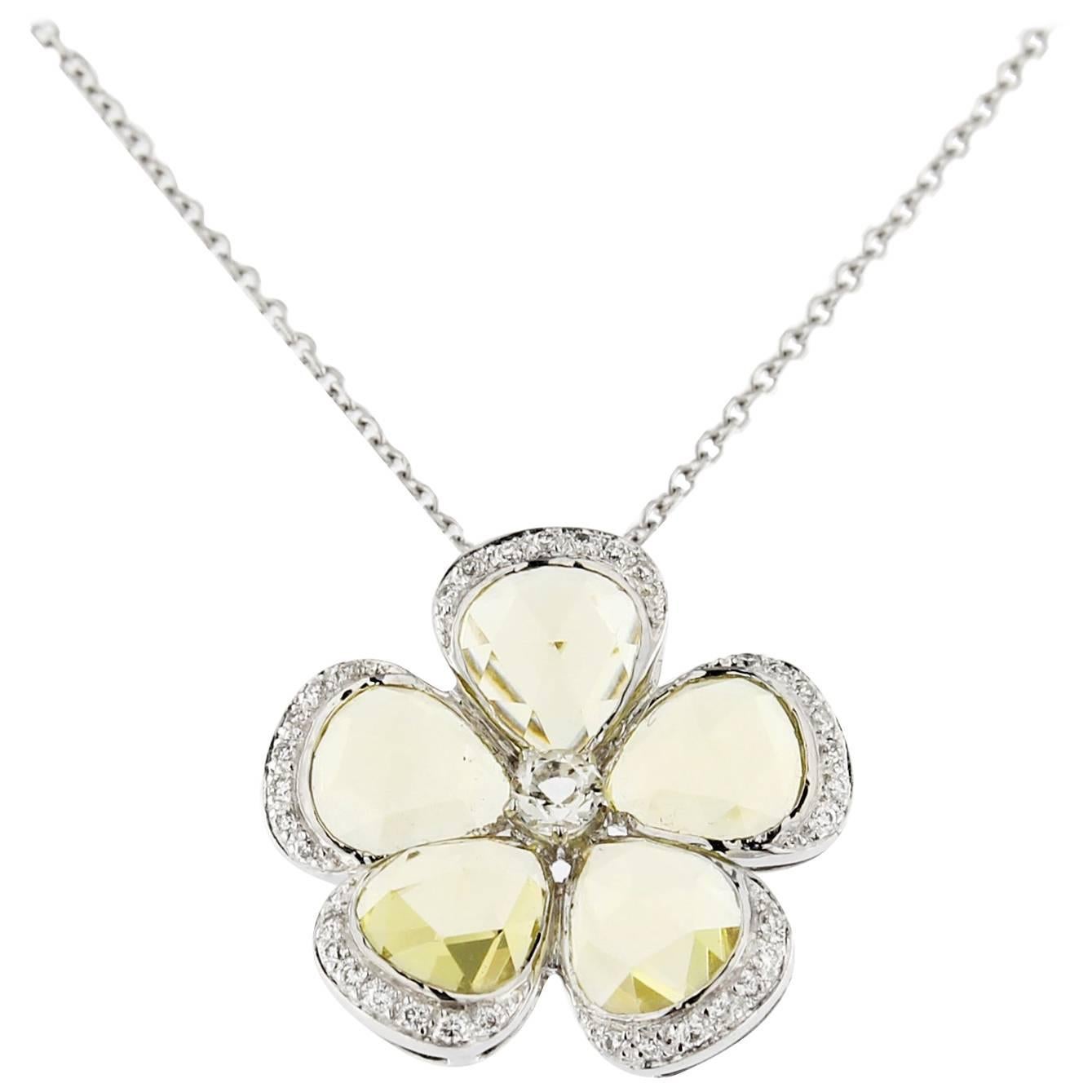 Jona Citrine White Diamond 18 Karat White Gold Flower Pendant Necklace