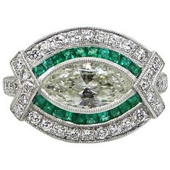 Marquise Diamond and Emerald Platinum Ring