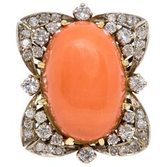 Vintage Coral and Diamond Ring Set in 18 Karat White and Yellow Gold