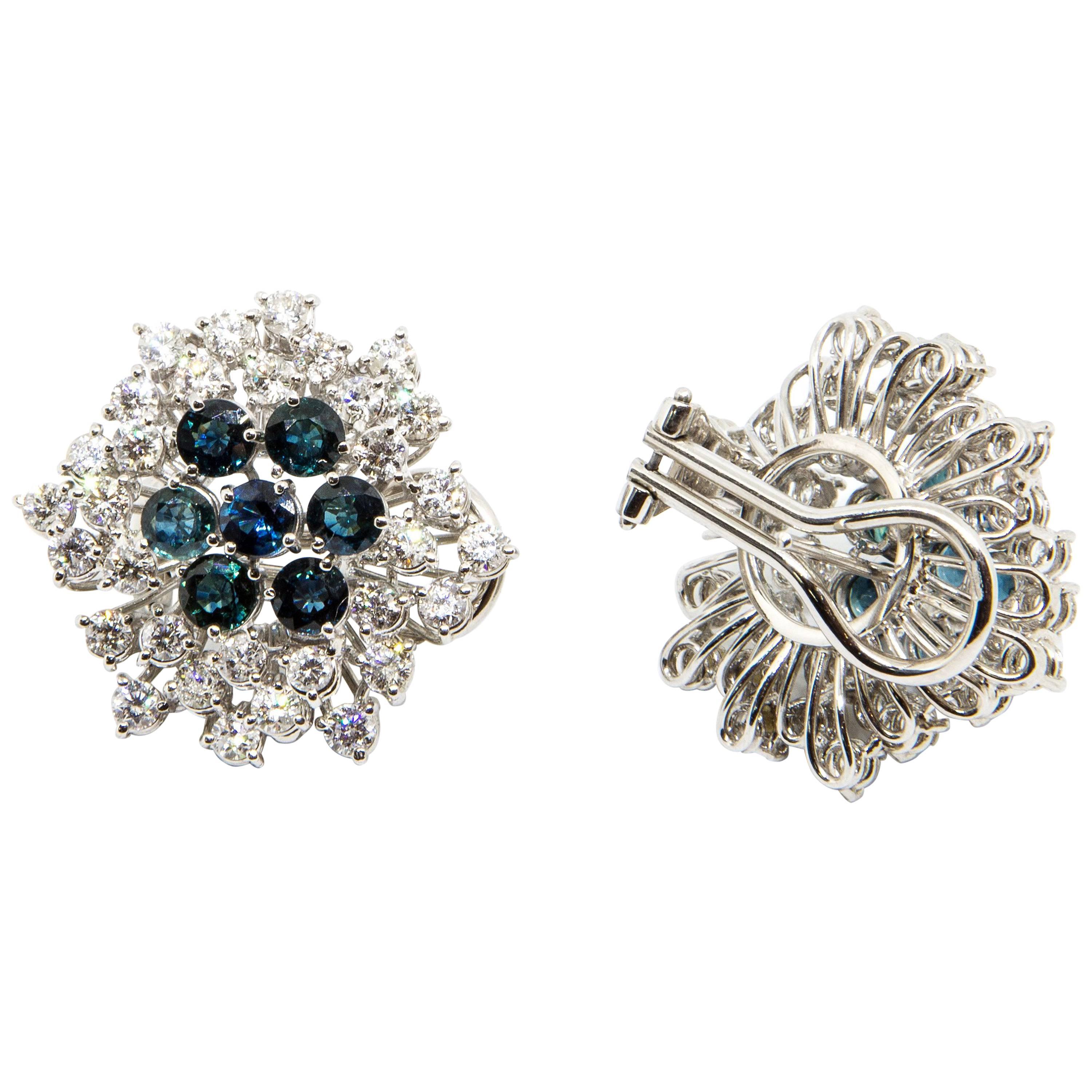 Pair of White Gold, Sapphire and Diamond Cluster Earrings For Sale