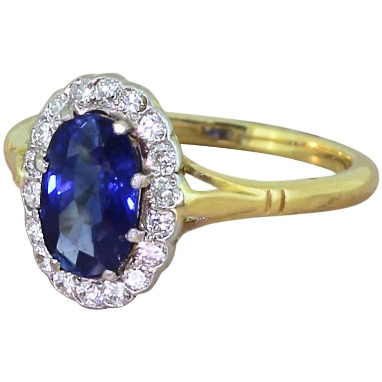 Art Deco 1.75 Carat Sapphire and Diamond Cluster Ring