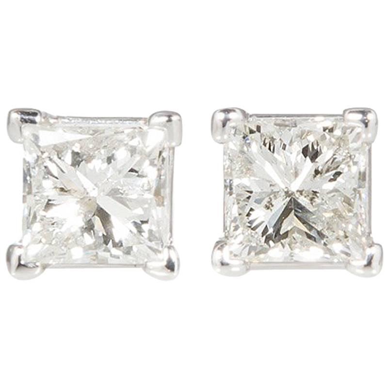 14 Karat White Gold and Princess Cut Diamond Stud Earrings 1.64 Carat
