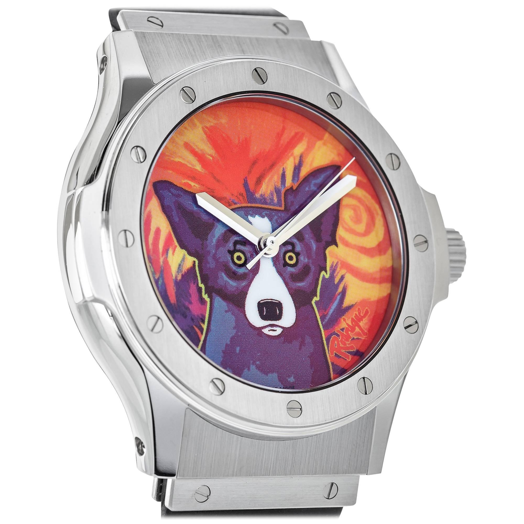 Hublot stainless steel Limited Edition Rodrigue Blue Dog Automatic Wristwatch For Sale
