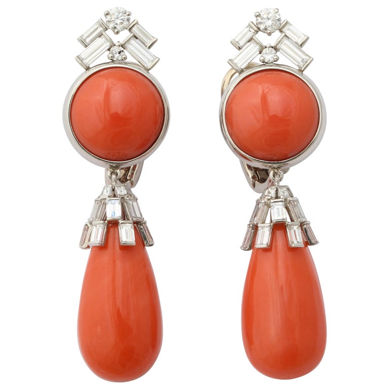 Coral Diamond Drop Earclips For Sale at 1stDibs