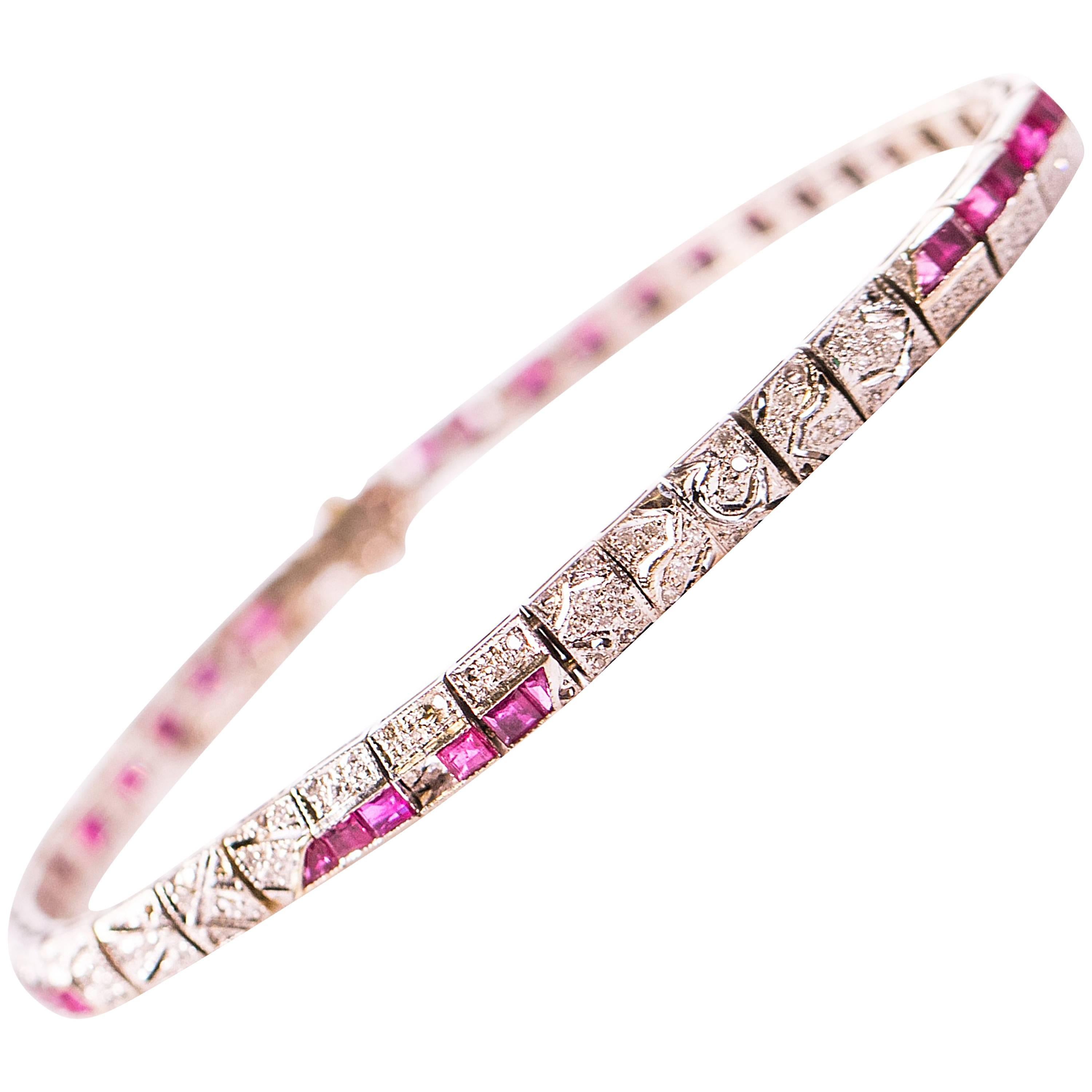 1920s 1 Carat Diamond and Ruby, Platinum and 18K Gold Bracelet