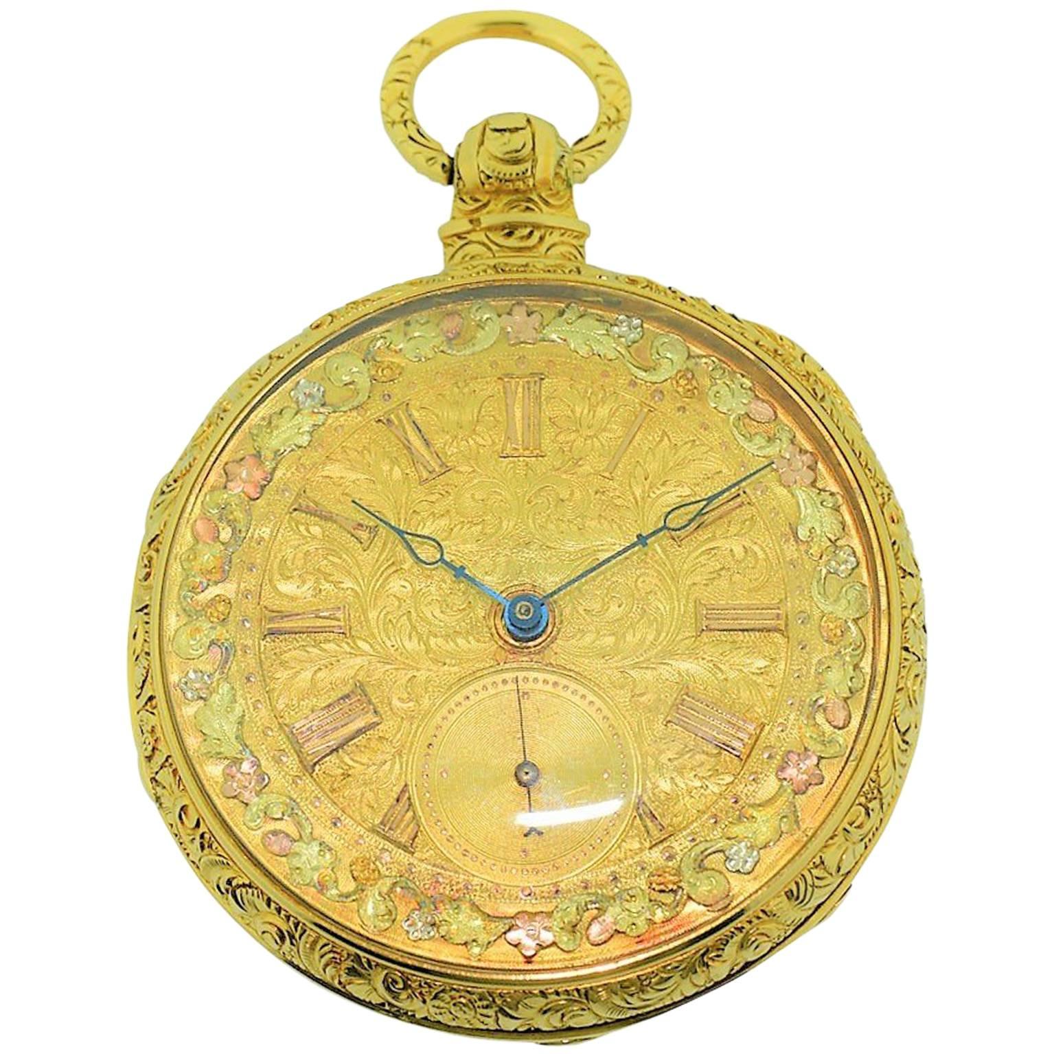 Barwise Yellow Gold Multicolored Dial Pocket Watch, circa 1840s