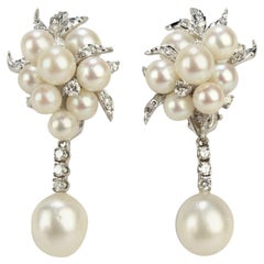 Vintage Kurt Wayne 14 Karat White Gold, Pearl Cluster and Diamond Earrings