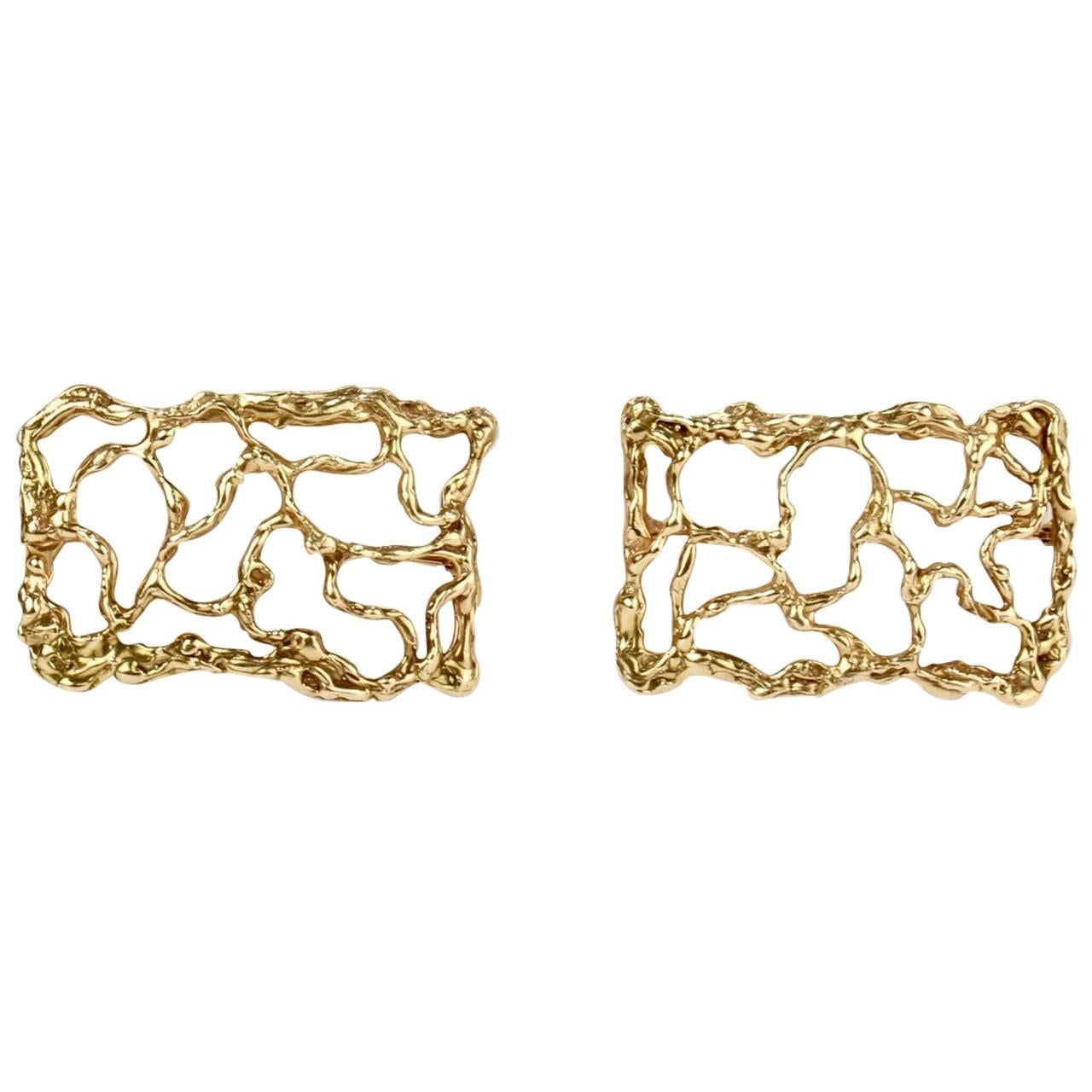 Pair of 14 Karat Gold Signed Brutalist Brooches or Coat Pins For Sale