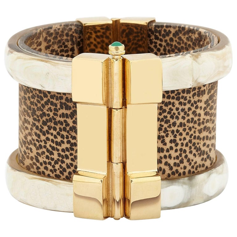 Fouche Cuff Bracelet Gold Bespoke Emerald Leopard Ruby Wood Cuff For Sale