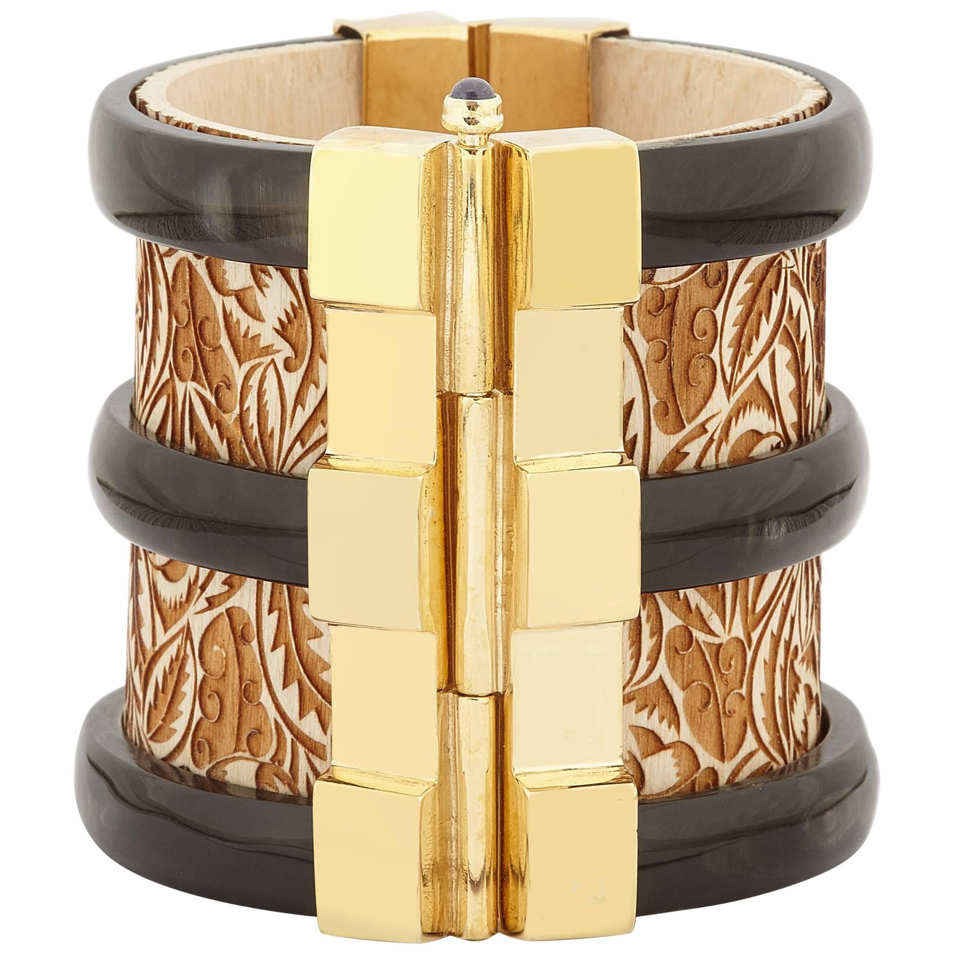Fouché Cuff Bracelet Bespoke Gold Horn Sapphire Emerald Wood 