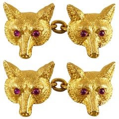 Antique Edwardian Fox Head Cufflinks with Cabochon Ruby Set Eyes in 15 Carat Gold