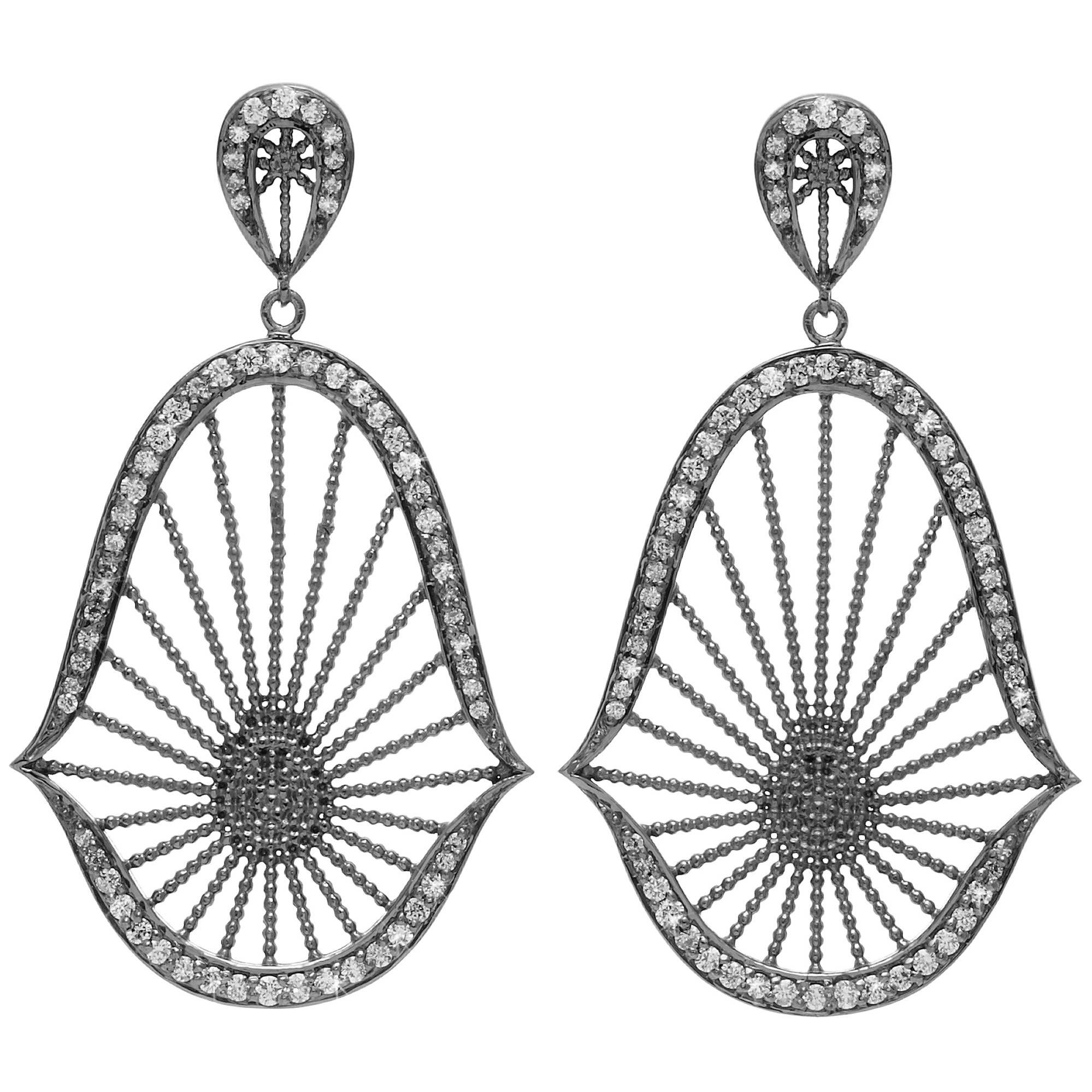 Diamond Rhodium Oriental Statement Earrings For Sale