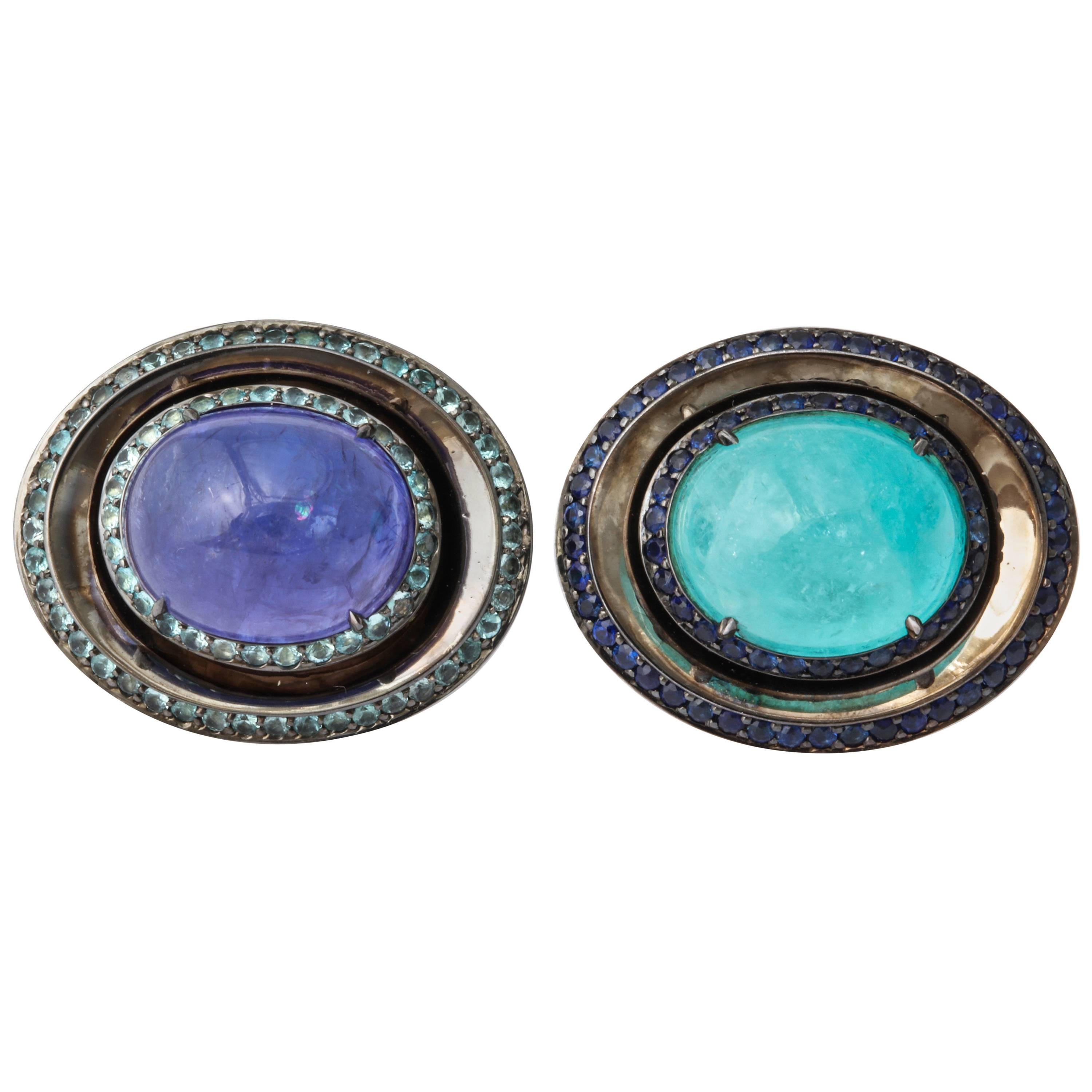 Brazilian Paraiba Tourmaline Tanzanite Gold Cufflinks by Michael Kanners