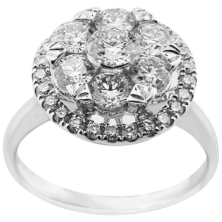 White Gold Halo Engagement with Brilliant Cut 1.16 ct Diamonds Ring For Sale